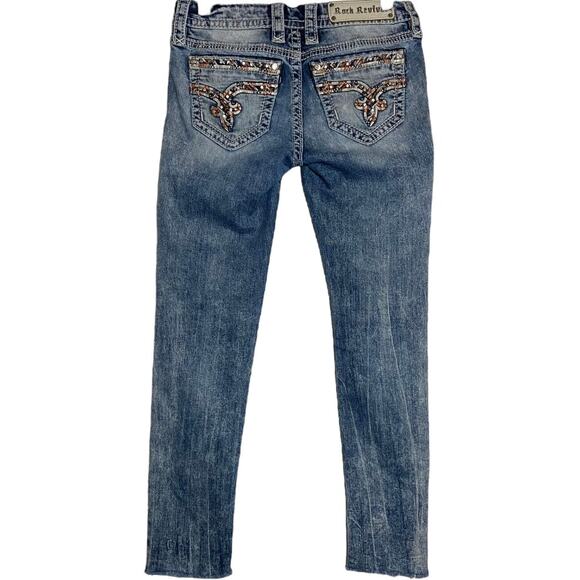 Rock Revival Sherry Skinny Jeans Embellished Hem Cut Off Medium Wash 26"x27" - Picture 1 of 5